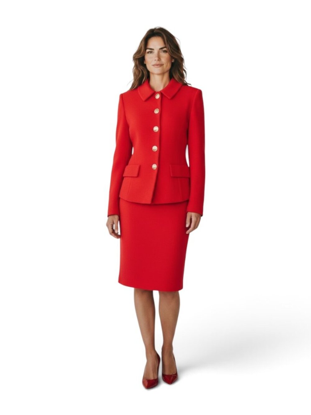 St John Collection Marie Gray Red Knit Skirt Suit 2